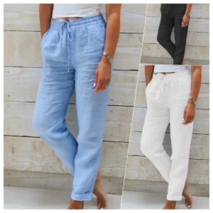 Women's Cotton Linen High Waist Elastic Casual Pencil Pants Summer Wear