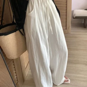 Women’s White Cotton Linen Wide Leg High Waist Pants Summer
