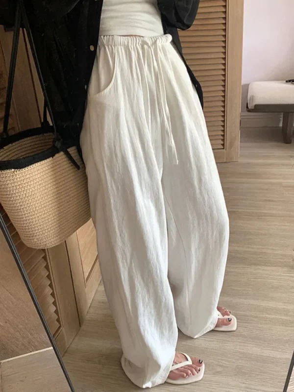 Women’s White Cotton Linen Wide Leg High Waist Pants Summer