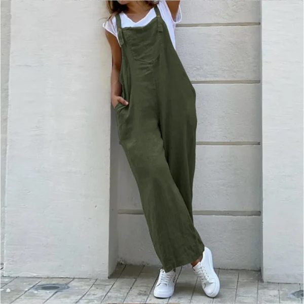 Women Cotton Linen Wide Leg Overalls Adjustable Strap Pocket Pants Summer - Image 3