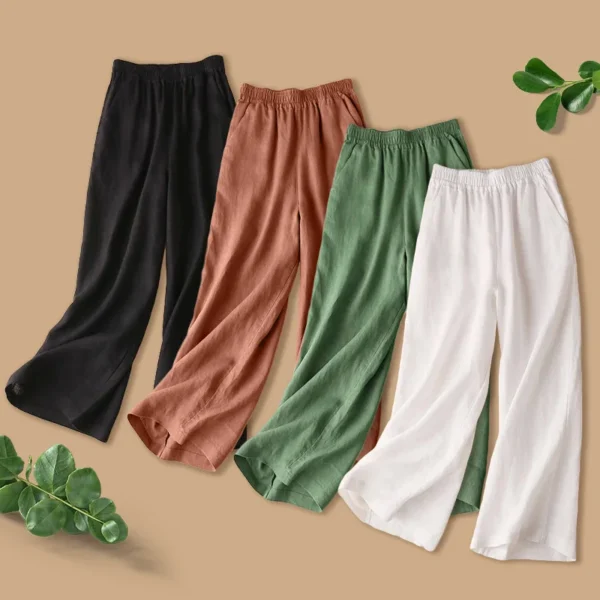 Women's Cotton Linen Wide Leg Pants High Waist Summer Trousers