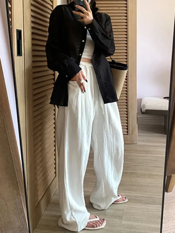 Women’s White Cotton Linen Wide Leg High Waist Pants Summer - Image 6