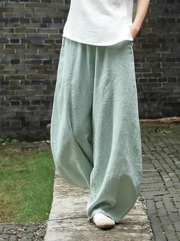 Women Vintage Cotton Linen Wide Leg Elastic Waist Bloomers Pants - Image 4
