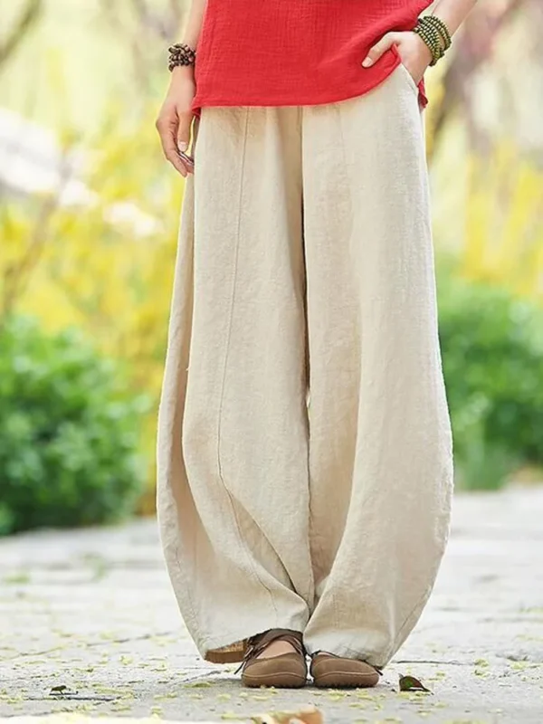 Women Vintage Cotton Linen Wide Leg Elastic Waist Bloomers Pants - Image 2
