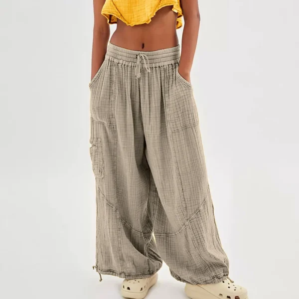 Women Cropped Linen Pants Elastic Waist Loose Wide Leg Trousers - Image 6
