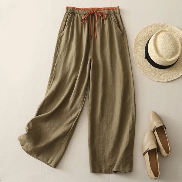Women’s Summer Cotton Linen High Waist Colorblock Wide Leg Pants - Image 5