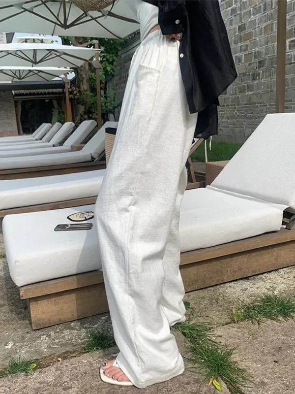 Women’s White Cotton Linen Wide Leg High Waist Pants Summer - Image 5