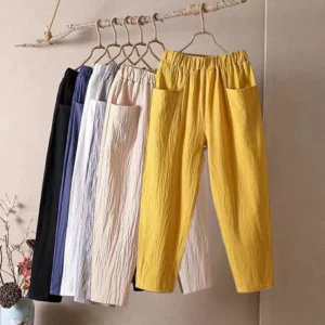 Cotton And Linen Thin Casual Pants Simple Women Elastic Waist Wide Leg Trousers