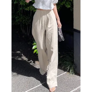 Women’s Cotton Linen High Waist Drawstring Casual Korean Trousers