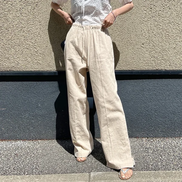 Women’s Cotton Linen High Waist Drawstring Casual Korean Trousers - Image 4