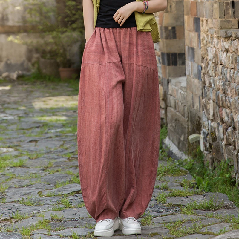 Women Cotton Linen Casual Trousers Vintage Tie Dye Loose Harem Pants