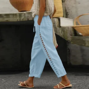 Women Cotton Linen Hollow Out Drawstring Wide Leg Beach Pants
