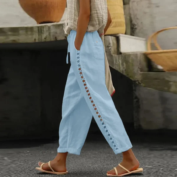 Women Cotton Linen Hollow Out Drawstring Wide Leg Beach Pants