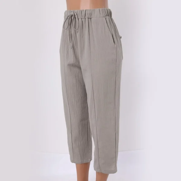 Women Casual Cropped Linen Pants Elastic Waist Wide Leg Trousers - Image 2
