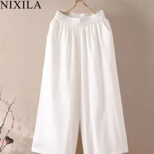 Summer Cotton Drawstring Wide-Leg Pants Women Elegant Streetwear