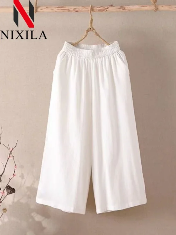 Summer Cotton Drawstring Wide-Leg Pants Women Elegant Streetwear