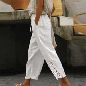 Linen Lace Spliced High Waisted Summer Pants With Pockets