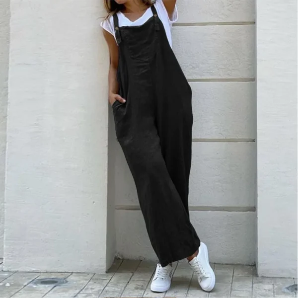 Women Cotton Linen Wide Leg Overalls Adjustable Strap Pocket Pants Summer - Image 2