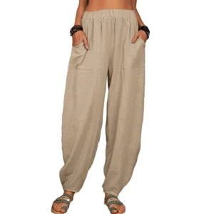 Women Cotton Linen Vintage Wide Leg Loose Casual Trousers With Pockets