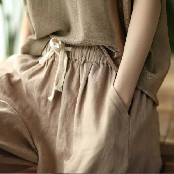 Summer Cotton Linen Cropped Pants Women Casual Elastic Waist Slimming - Image 3