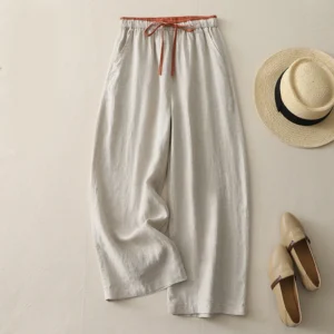 Women’s Summer Cotton Linen High Waist Colorblock Wide Leg Pants