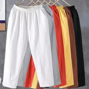 Fashion Women’s Cotton Linen Loose Harem Ankle-Length Elastic Waist Pants